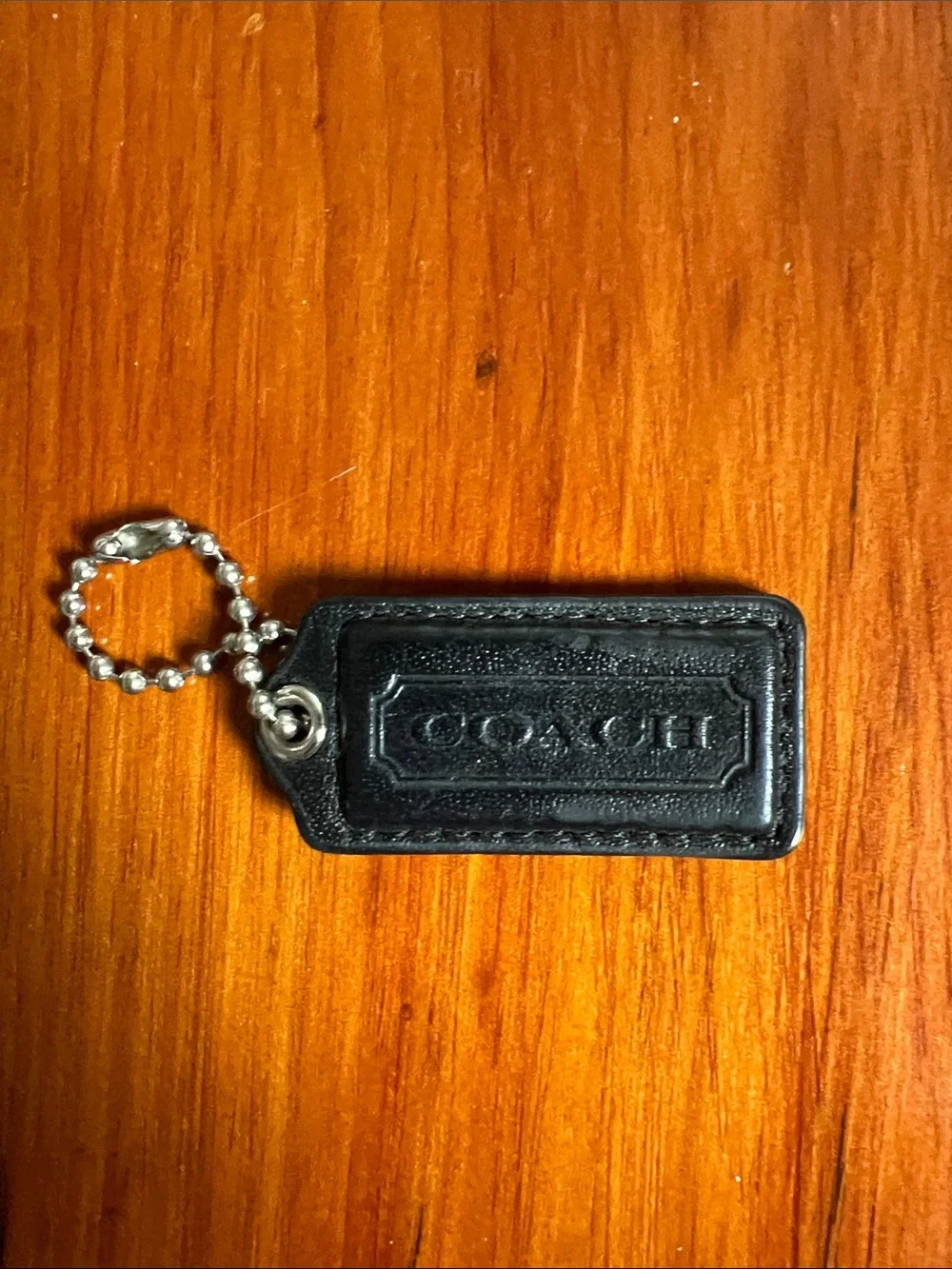 Coach Black Leather Embossed Logo Key Tag with Ball Chain